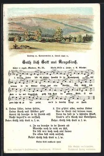 Lied-AK Anton Günther Nr. 24: Grüss dich Gott, mei Arzgebirg!, Liedtext und Noten