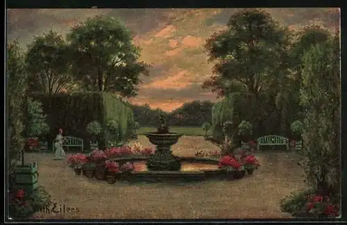 Ölgemälde-Imitations-AK Degi Nr. 357: Schlossbrunnen im Abendlicht