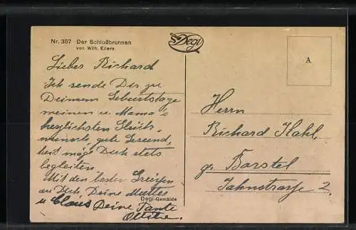 Ölgemälde-Imitations-AK Degi Nr. 357: Schlossbrunnen im Abendlicht