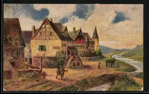 Künstler-AK Degi Nr. 1123: Im Moseltal, Romantische Flusslandschaft, Ölgemälde-Imitations-AK