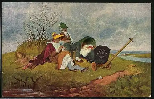 Ölgemälde-Imitations-AK Degi Nr. 926: Familie Biedermaier bei einem Picknick