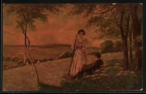 Ölgemälde-Imitations-AK Degi Nr. 1048: Im Heimatdorf, Paar auf einem Feld