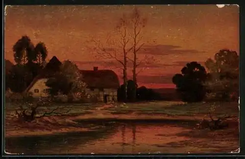 Künstler-AK Degi Nr. 1019, Sonnenuntergang auf dem Bauernhof