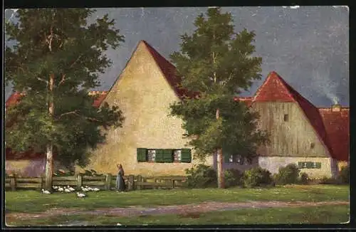 Künstler-AK Degi Nr. 1138: Bauernhaus Im Abendsonnenschein, Ölgemälde-Imitations-AK