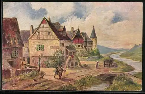 Künstler-AK Degi Nr. 1123: Im Moseltal, Romantische Flusslandschaft, Ölgemälde-Imitations-AK