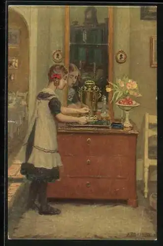 Ölgemälde-Imitations-AK Degi Nr. 567: Hausmütterchen, Mädchen mit einem Tablett