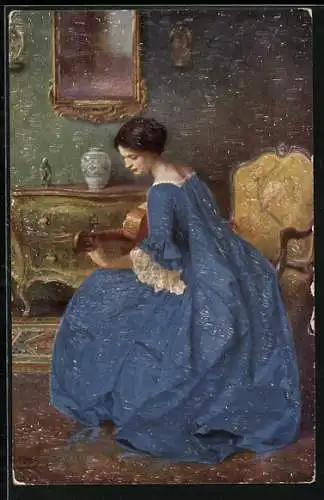 Ölgemälde-Imitations-AK Degi Nr. 1206: Lautenspielerin im blauen Kleid