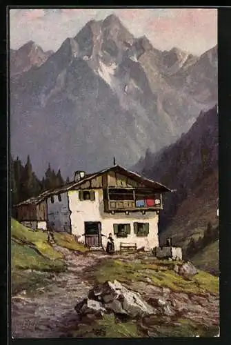 Künstler-AK Winand Elsmann-Verlag: Berghof vor Alpenkulisse