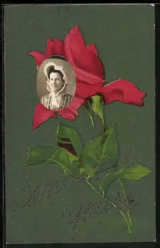 Foto-Collage-AK Dame mit einer Haube in einer Rose