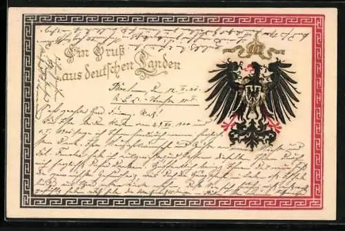 Präge-AK Reichsadler mit Wappen, Ein Gruss aus deutschen Landen