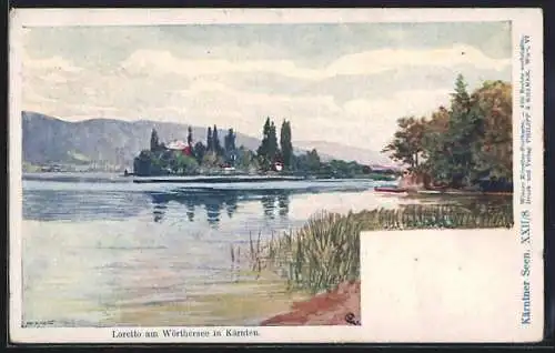 Künstler-Lithographie Philipp + Kramer Nr. XXII /8: Kärntner Seen, Loretto am Wörthersee in Kärnten