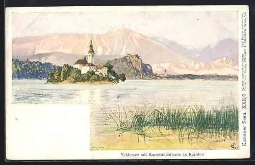 Künstler-AK Philipp + Kramer Nr. XXII /5: Veldersee mit Karawankenthurm in Kärnten