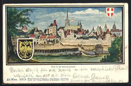 Lithographie Alt-Wien, Teilansicht in der Babenbergerzeit, Wappen