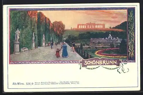 Künstler-AK Philipp + Kramer Nr. XIV /9: Wien, Schönbrunn, Abendstimmung im Park von Schloss Schönbrunn