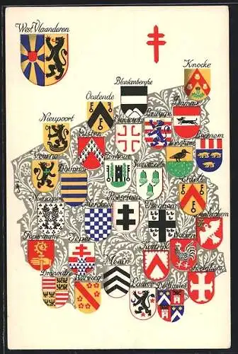 AK Wappenserie von Belgien: Wappen von West Vlaanderen und Umgebung