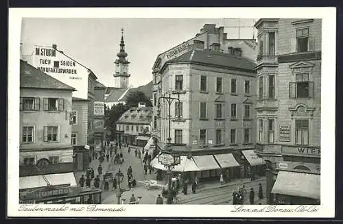 AK Linz a. d. Donau, Taubenmarkt und Promenade mit Geschäften