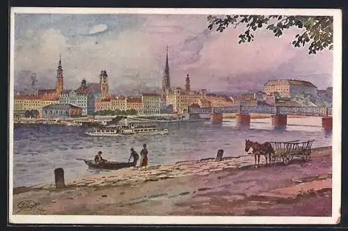 AK Linz a. d. Donau, Panorama, Flusspartie mit Dampfer