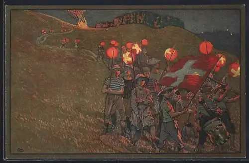 Künstler-AK Lampionzug mit schweizer Fahne, Schweizer Bundesfeier 1912