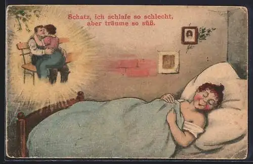 AK Frau im Bett träumt von ihrer Liebe