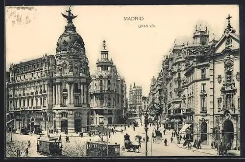 AK Madrid, Gran Via, Strassenbahnen