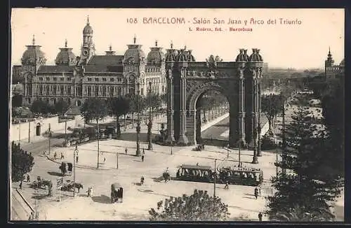 AK Barcelona, salón San Juan y arco del Triunfo, Strassenbahn