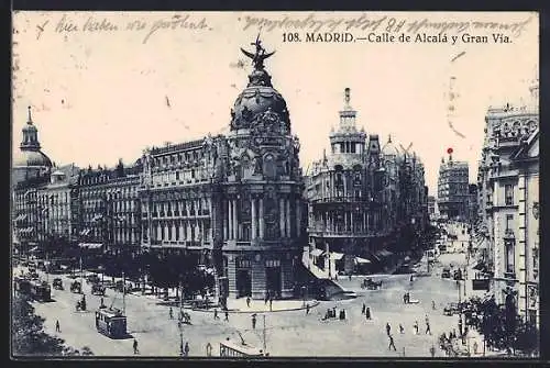 AK Madrid, Calle de Alcalá y Gran Via, Strassenbahn