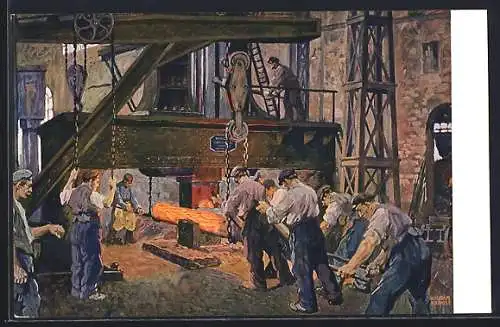 Künstler-AK Fabrikarbeiter in einem Eisenwalzwerk