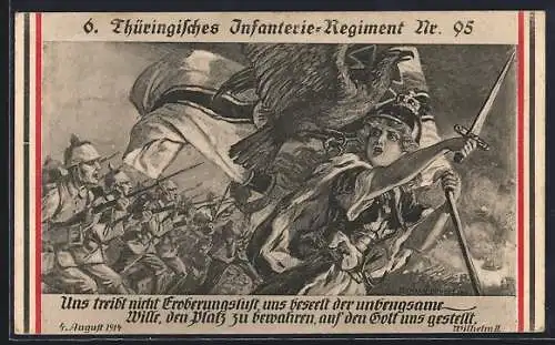 Künstler-AK 6. Thüringisches Infanterie-Regiment Nr. 95 wird von Germania in die Schlacht geführt