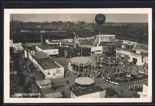 AK Köln, Ausstellung Pressa 1928, Ballon über dem Ausstellungsgelände, Karussell