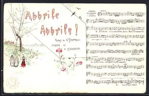 Lithographie Neapel / Napoli, Lied Abbrile Abbrile! drei Frauen auf der Wiese