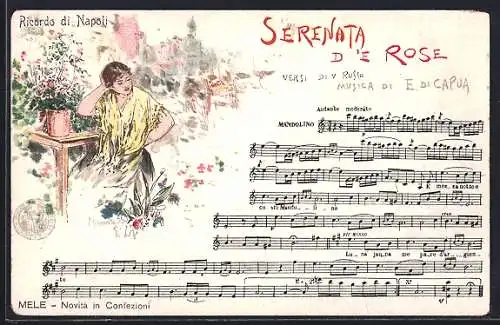 Lithographie Neapel / Napoli, Lied Serenata d `e Rose, Frau zwischen Blumen