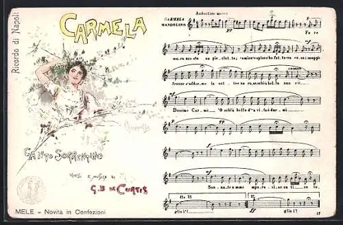 Lied-AK Carmela mit einer jungen Frau die durch einen Strauch läuft