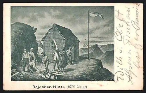 Künstler-AK Rojacher-Hütte, Berghütte mit Besuchern