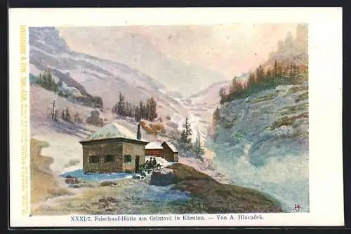 Künstler-AK Anton Hlavacek: Frischauf-Hütte, Berghütte am Grintovc