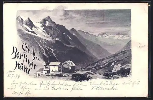 Künstler-AK Berliner Hütte, Berghütte mit Panorama