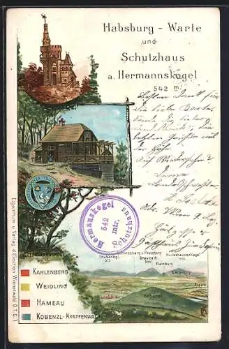 Lithographie Wien, Schutzhaus am Hermannskogel, Ansicht am Hang, Habsburg-Warte, Panorama