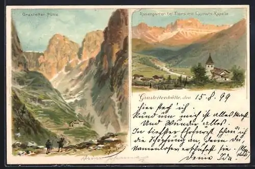 Lithographie Grasleitenhütte, Rosengarten bei Tiers