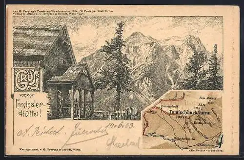 Lithographie Ennsthaler-Hütte, Ansicht in den Bergen, Karte mit dem Tamischbachthurm