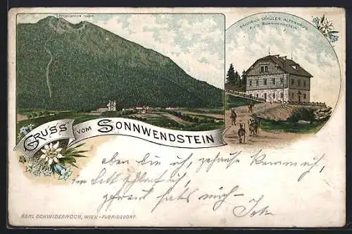 Lithographie Schottwien, Friedrich Schüler Apenhaus, Berghütte am Sonnwendstein, Panorama