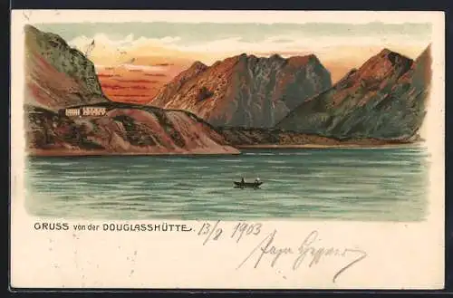 Lithographie Douglasshütte, Ansicht im Sonnenuntergangspanorama