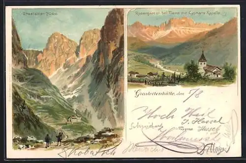 Lithographie Grasleitenhütte, Rosengarten bei Tiers