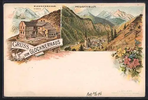 Lithographie Glocknerhaus, Panoramablick auf Heiligenblut