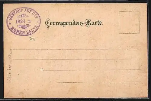 Lithographie Hohe Salve, Unterkunftshaus, Panorama, Gemse, Wanderausrüstung, Blumenverzierung
