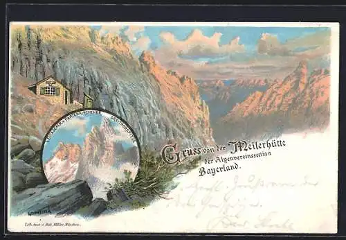 Lithographie Meilerhütte der Alpenvereinssection Bayerland, Leutascher und Partenkirchener Dreithorspitze