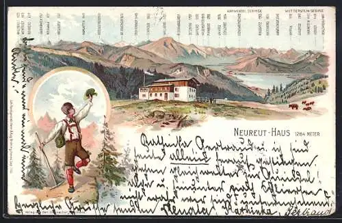 Lithographie Neureut-Haus, Berghütte, Wanderer