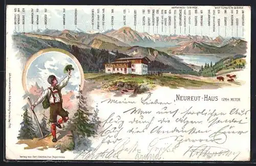 Lithographie Neureut-Haus, Berghütte, Wanderer