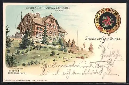 Lithographie Stubenberghaus, Berghütte am Schöckel, Steirischer Gebirgsverein