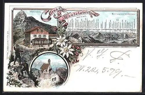 Lithographie Wendelsteinhaus, Wendelsteinkirchlein, Panorama vom Wendelstein