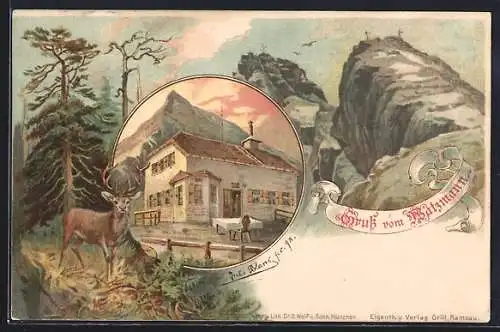Lithographie Watzmannhaus, Hirsch im Wald, Watzmann