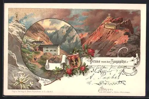 Lithographie Münchner Haus auf der Zugspitze, Berghütten mit Wanderer